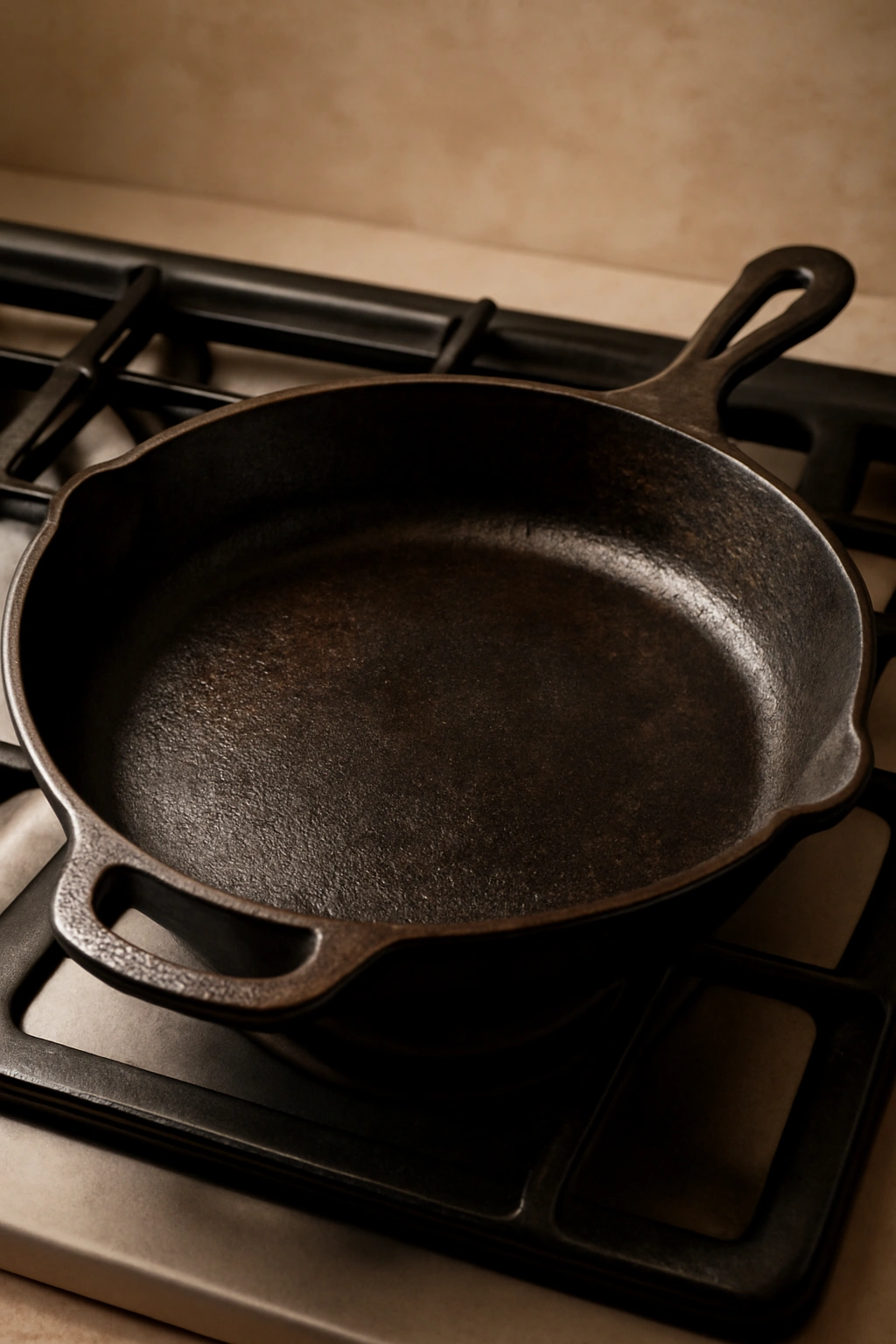 Well-seasoned cast iron skillet on stove showing texture and heat