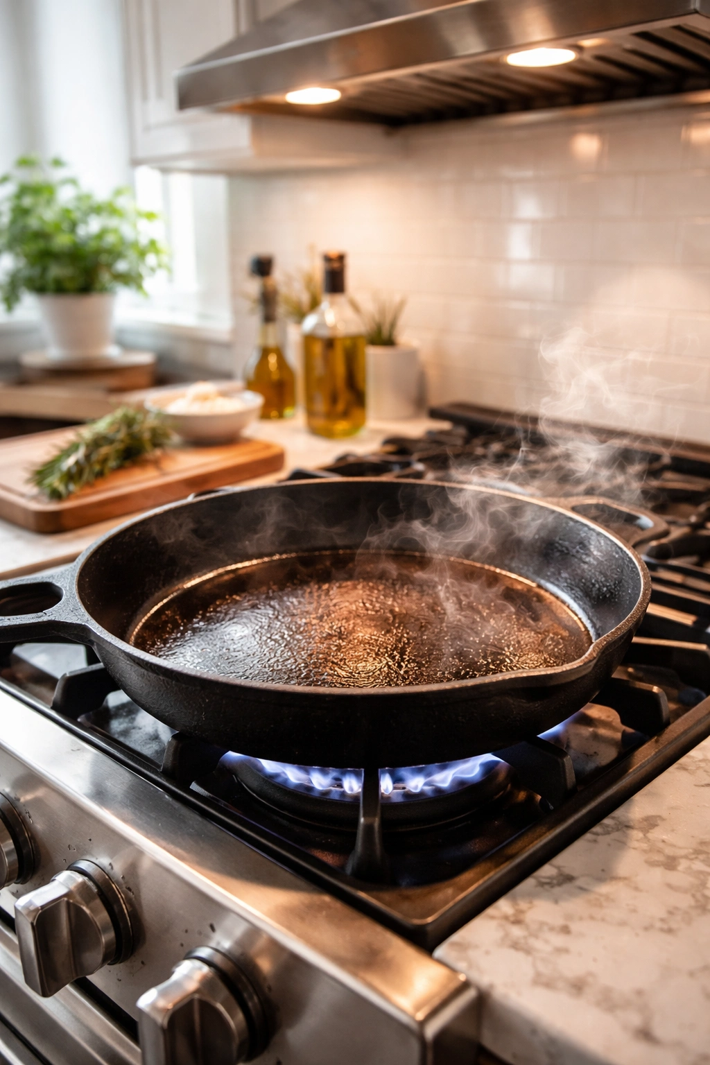 Cast iron skillet on stove ready for high-heat roasting