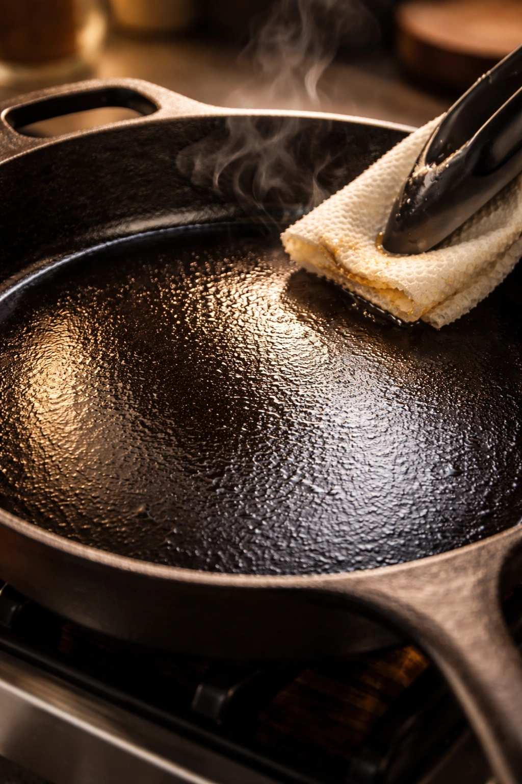Close-up of a cast iron skillet showing a thin glossy protective layer on its surface