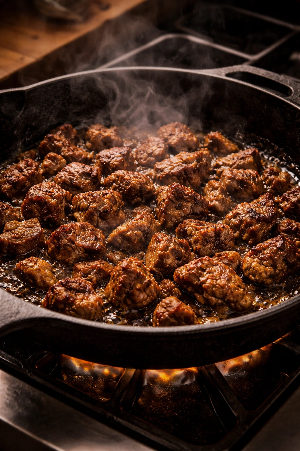 Beef searing in cast iron skillet with crust forming