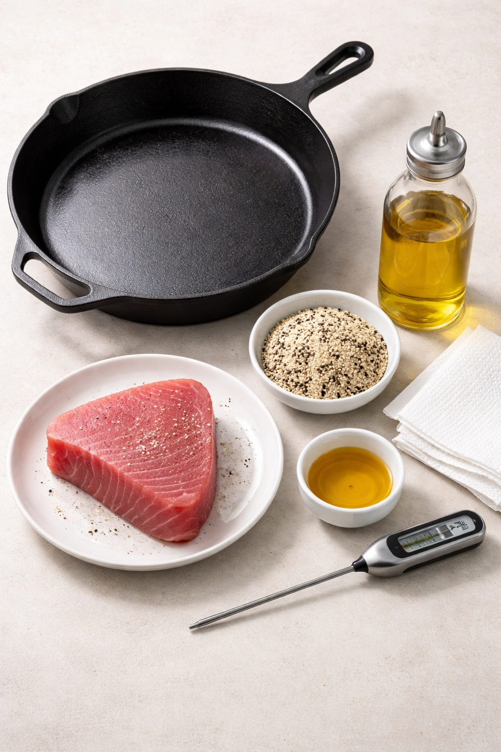 Cast-iron skillet with sesame seeds on a clean counter