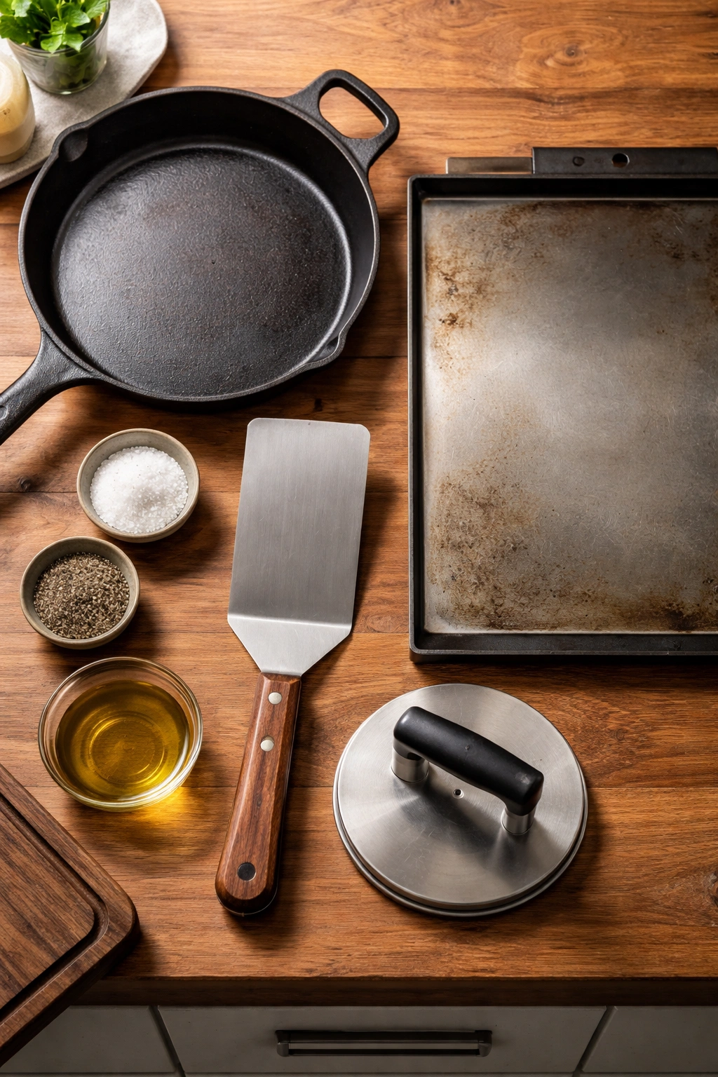 Top-down view of essential smash burger tools arranged neatly.