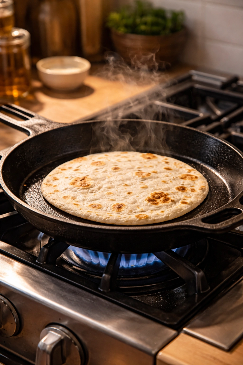 Tortilla cooking in a cast iron skillet with steam