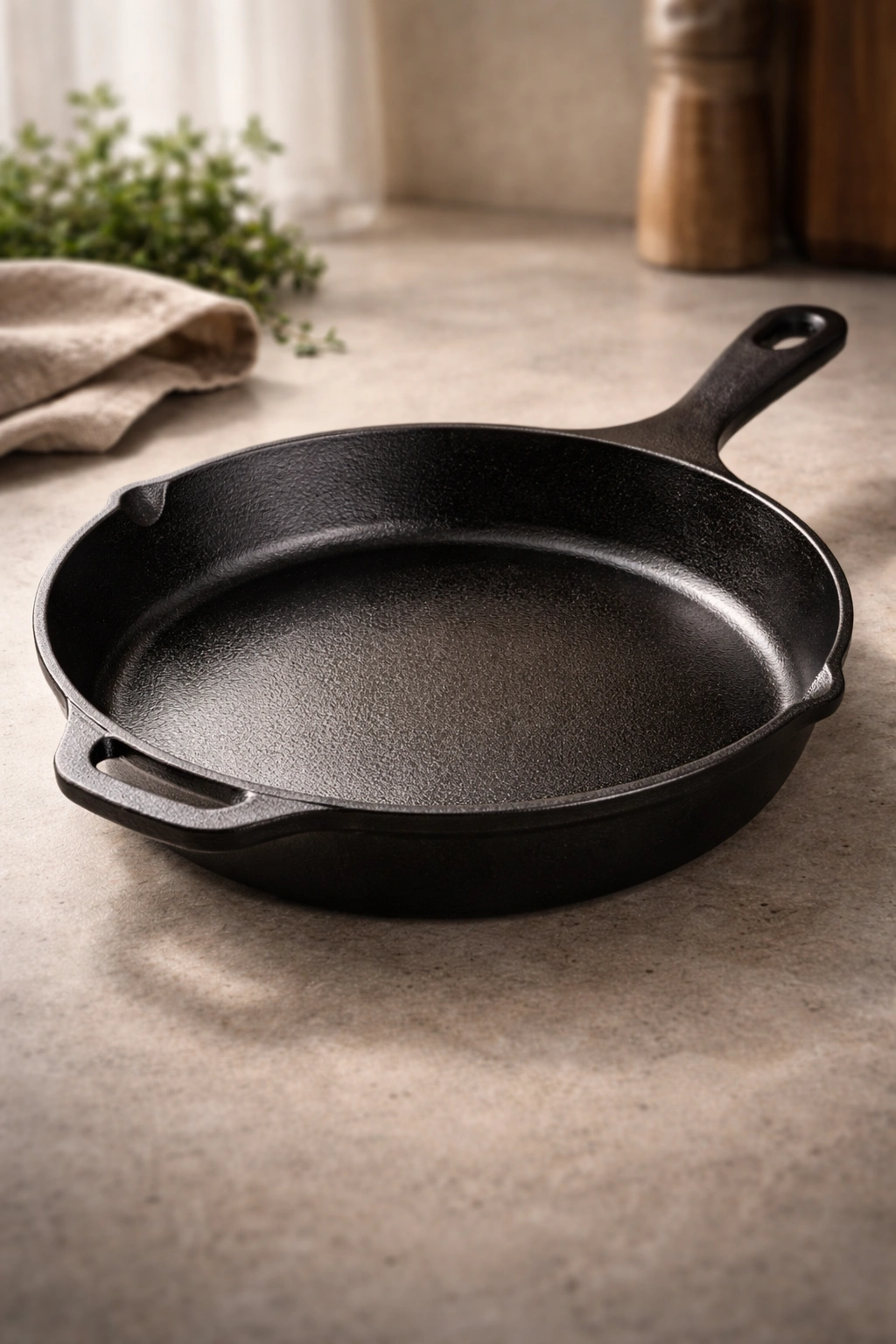 Cast iron skillet on a dry surface illustrating storage humidity considerations