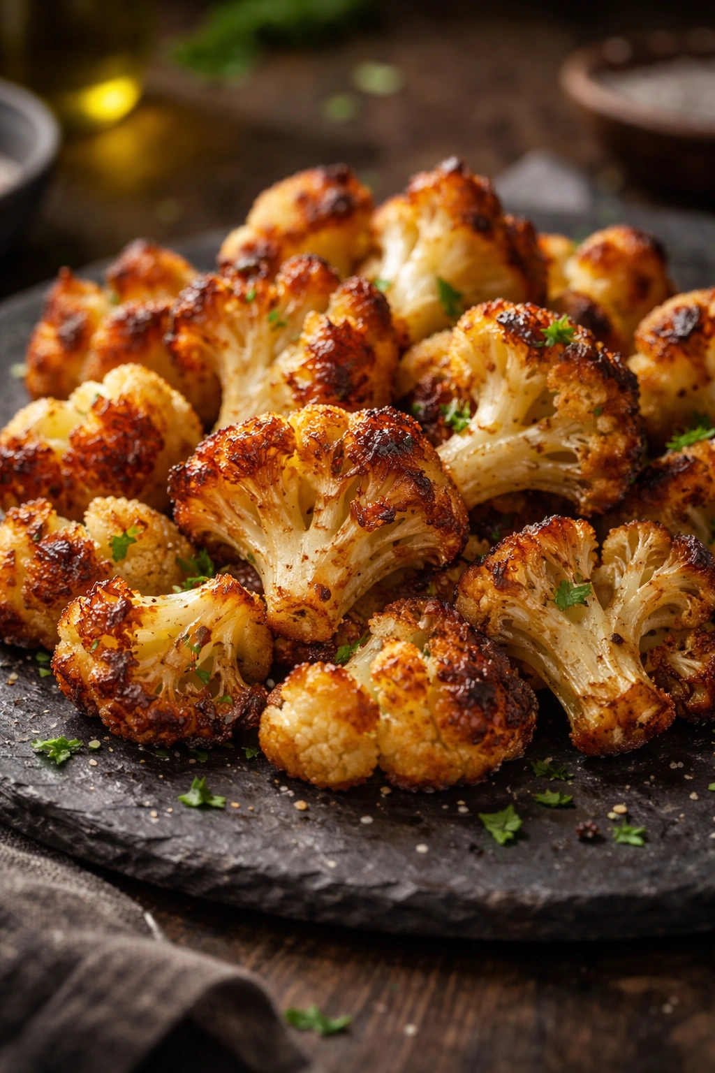 Close-up of crispy caramelized cauliflower bites on a dark plate