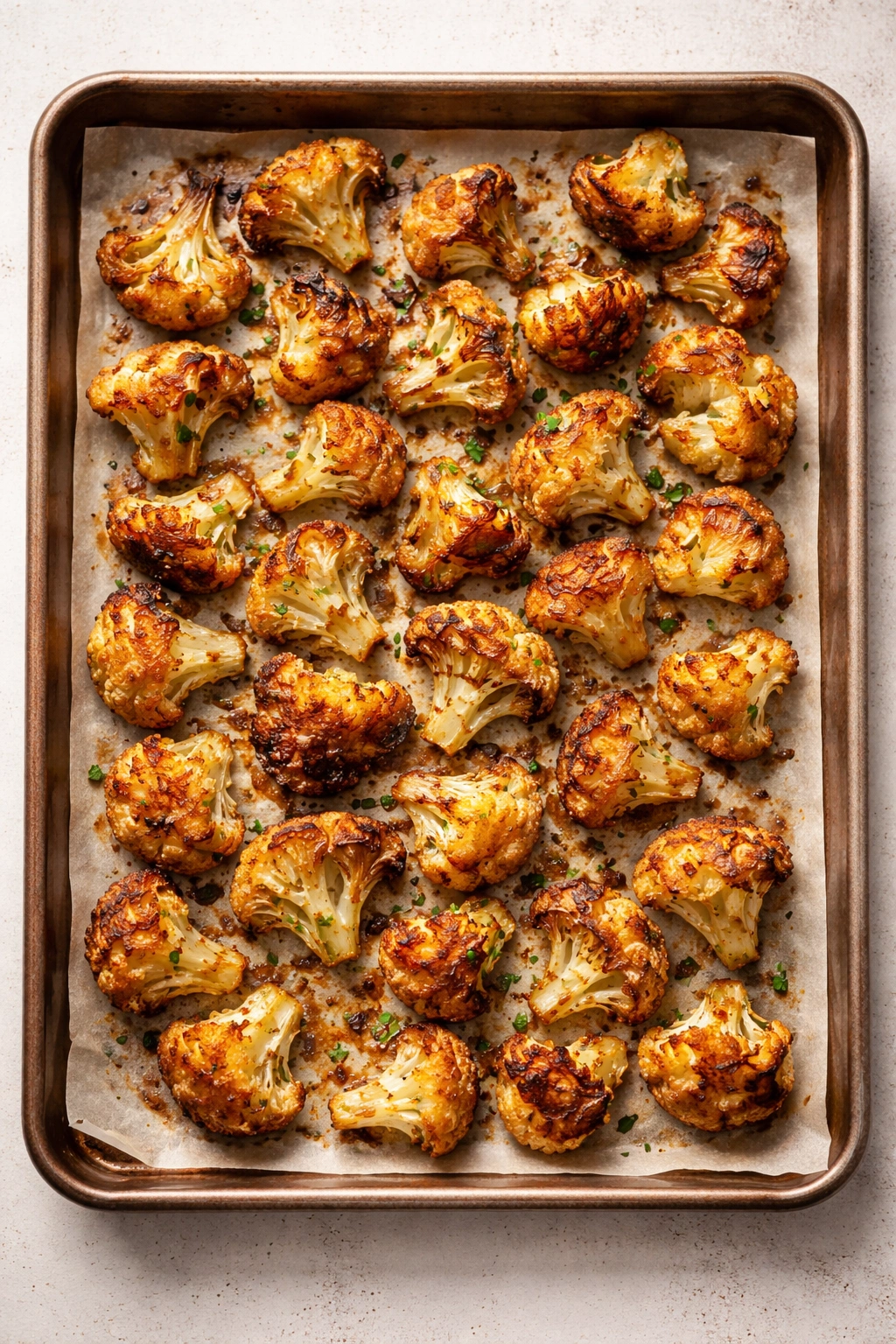 Evenly roasted cauliflower bites on parchment