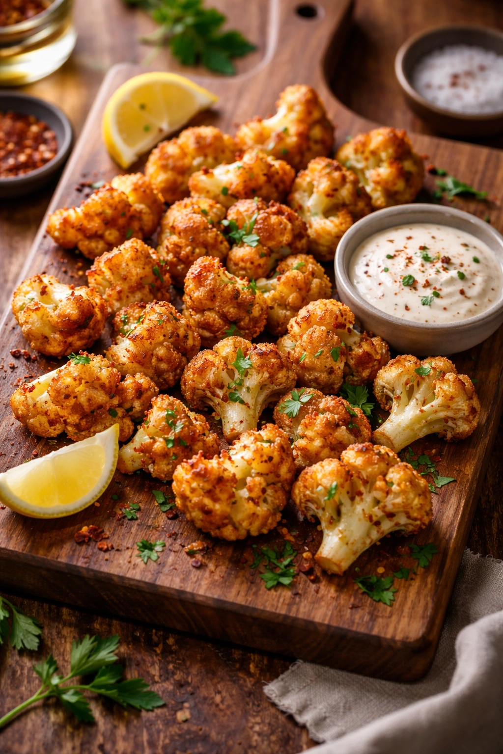 Crispy cauliflower bites ready to serve on a wooden board