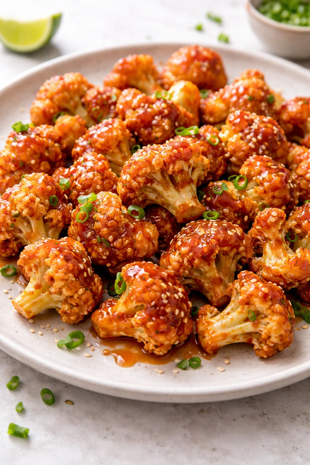 Crispy cauliflower bites with sriracha honey glaze on a plate