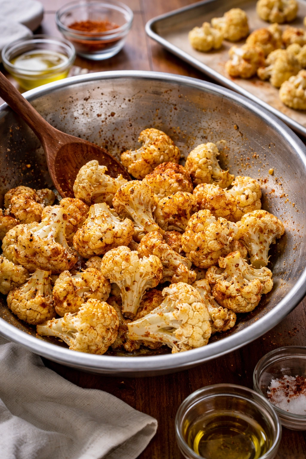 Cauliflower florets tossed with oil and spices in a bowl