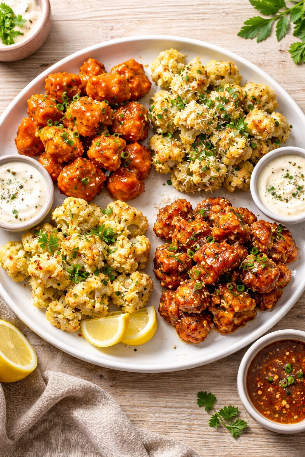 Cauliflower bites with four glossy coatings on a plain plate