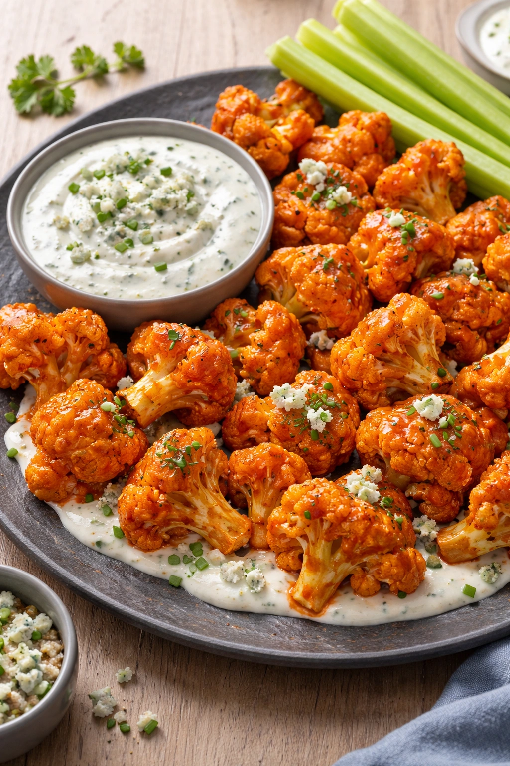 Cauliflower florets in Buffalo sauce with blue cheese crema