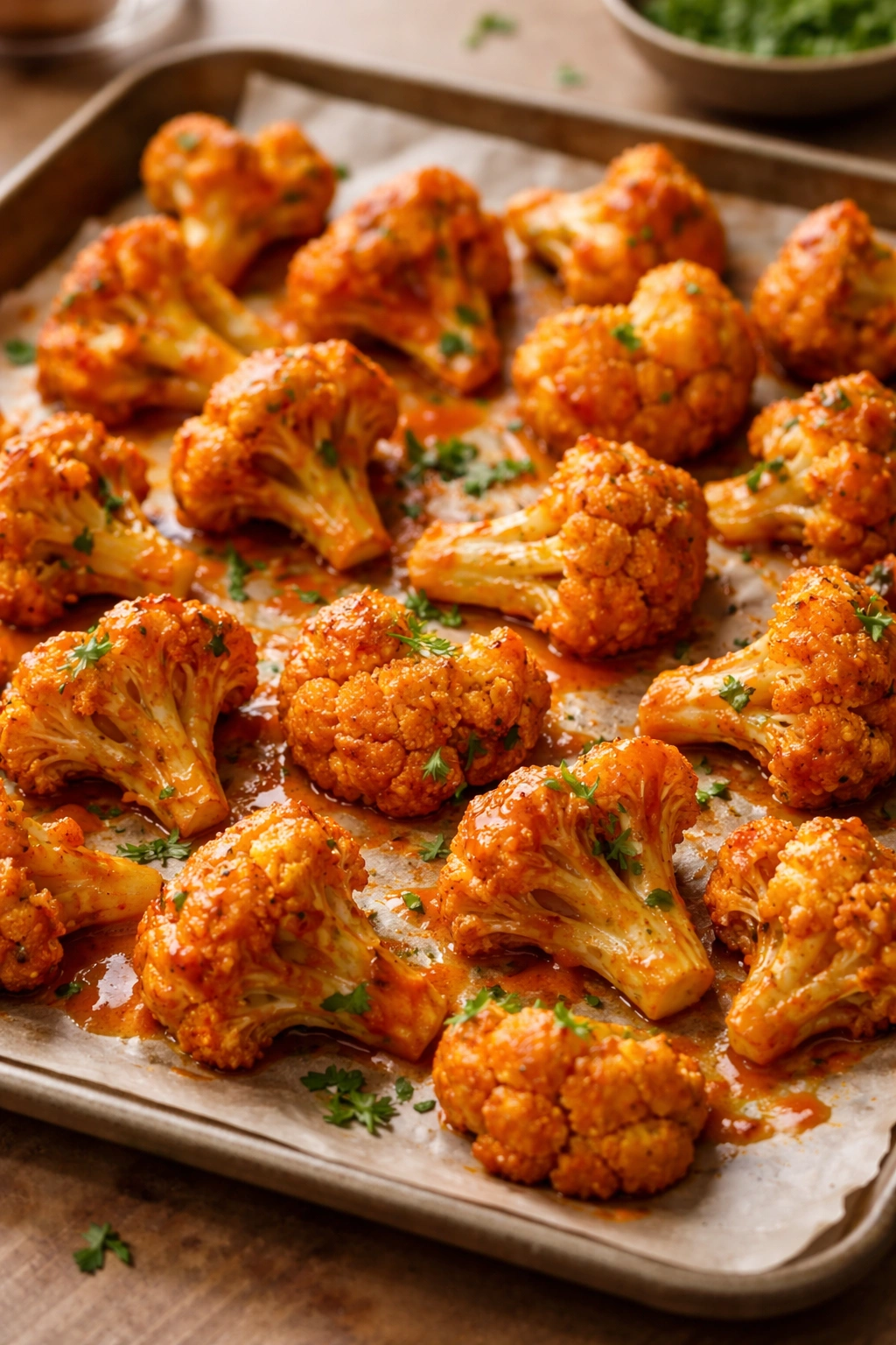 Close-up of buffalo cauliflower bites on parchment with glossy orange sauce