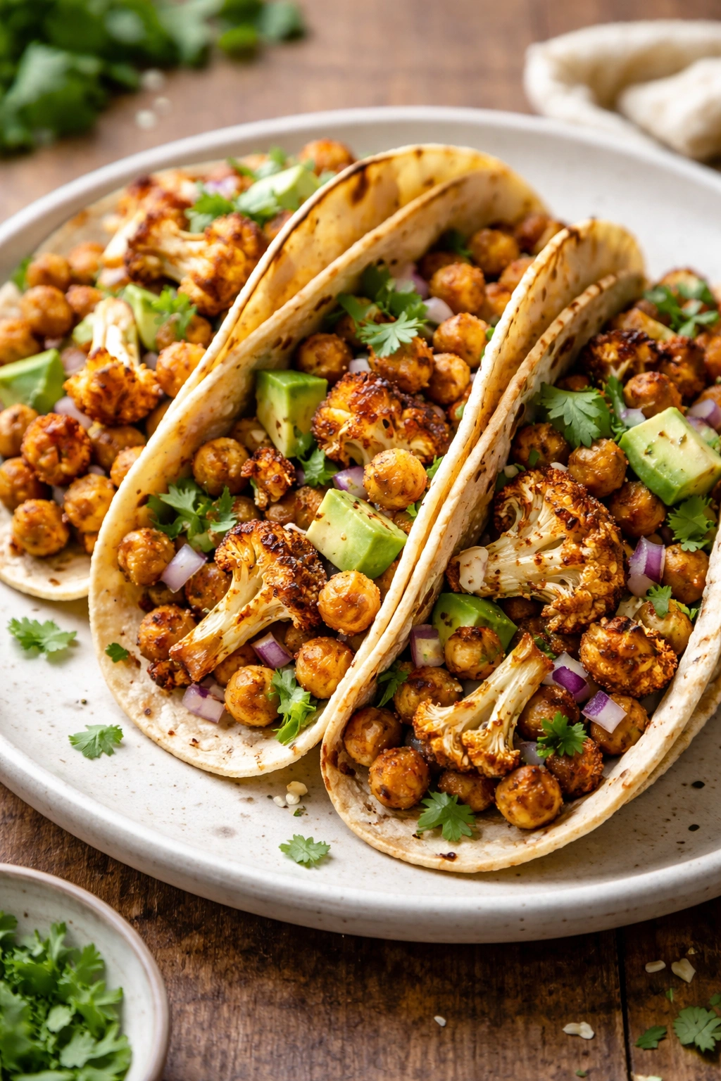 Crispy cauliflower and chickpeas inside tortillas on a simple plate.