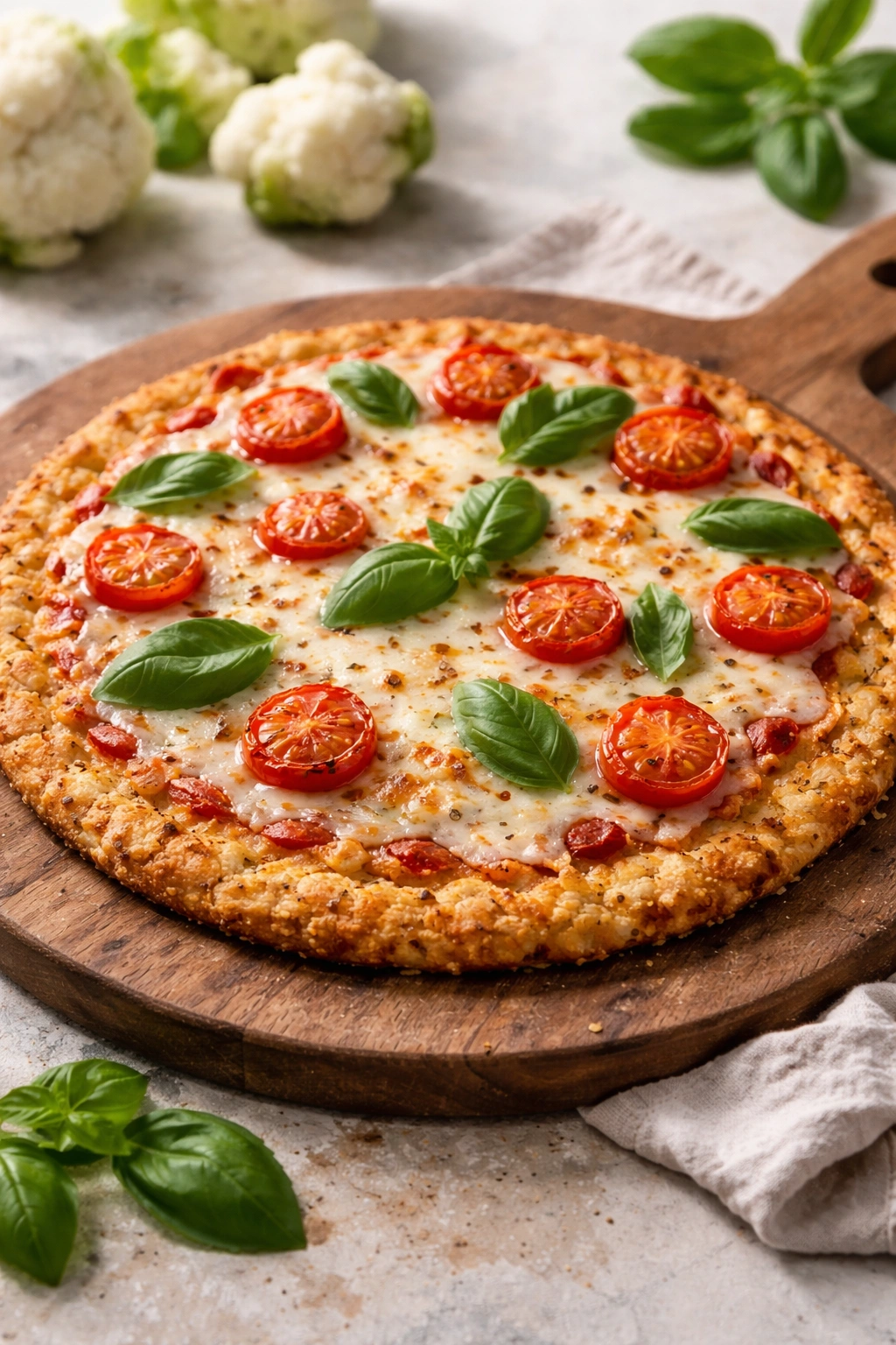 Cauliflower crust pizza on a wooden board with melted cheese