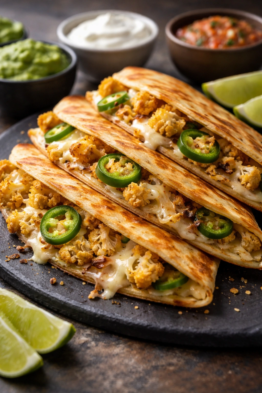 Close-up of crispy cauliflower quesadillas with melted cheese