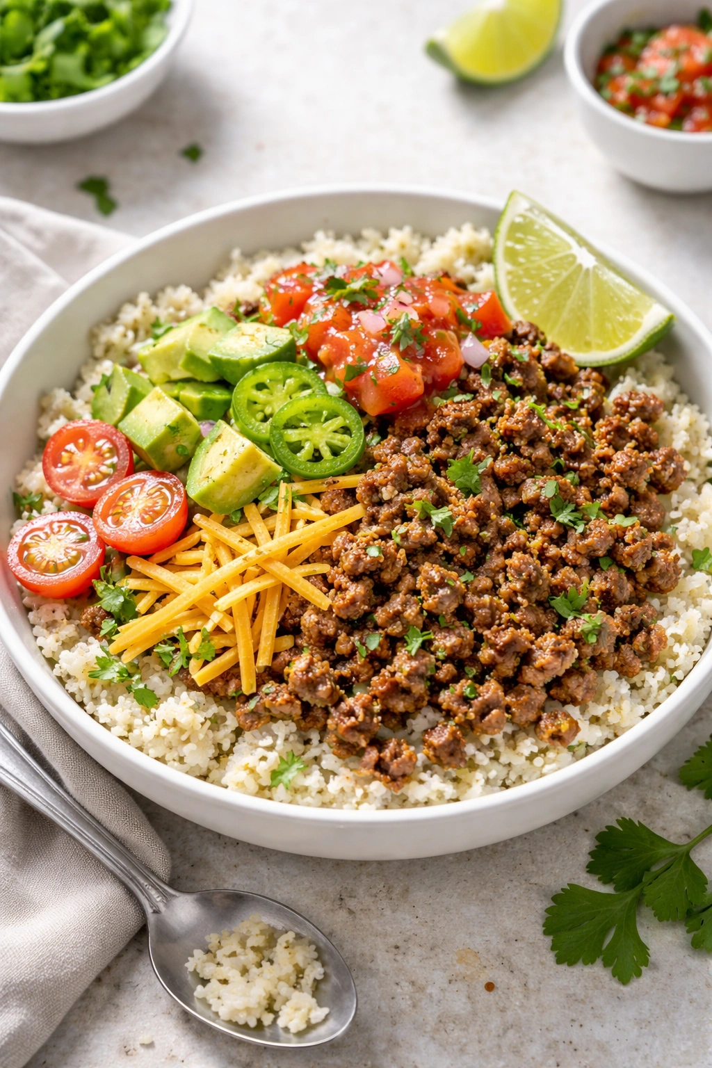 Bowl of cauliflower rice with seasoned ground beef and toppings