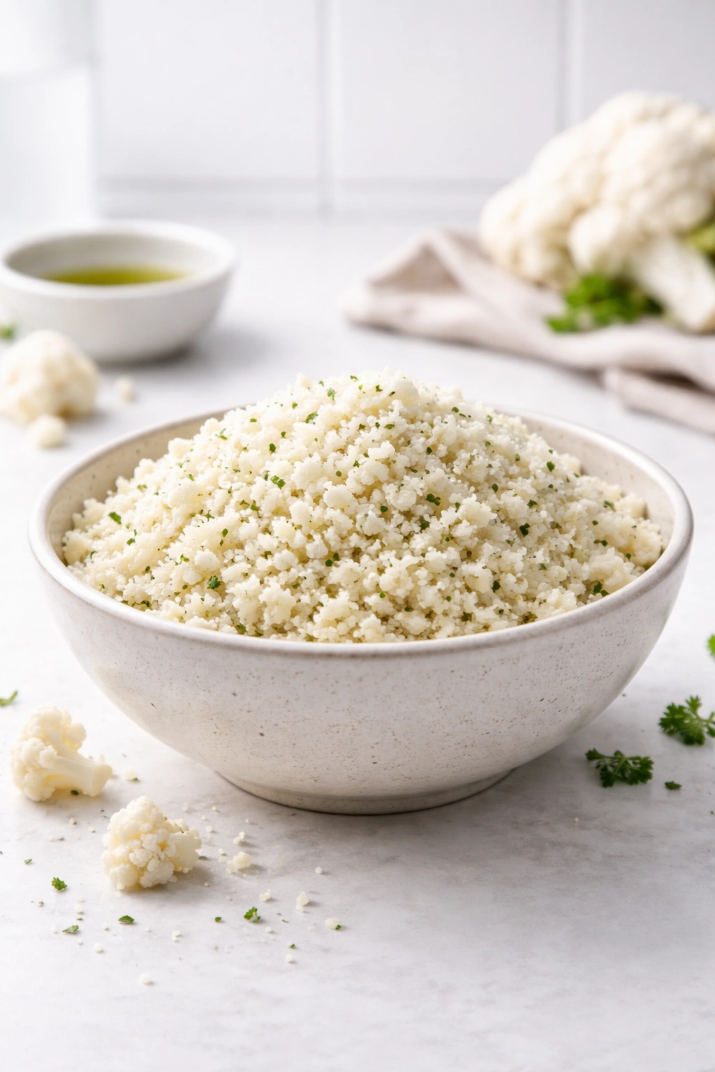 Cauliflower rice in a simple bowl on a clean surface