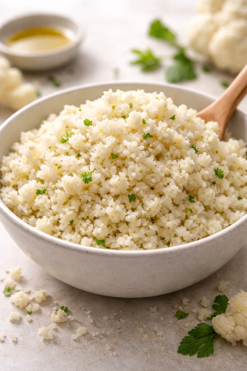 Bowl of fluffy cauliflower rice on a clean surface