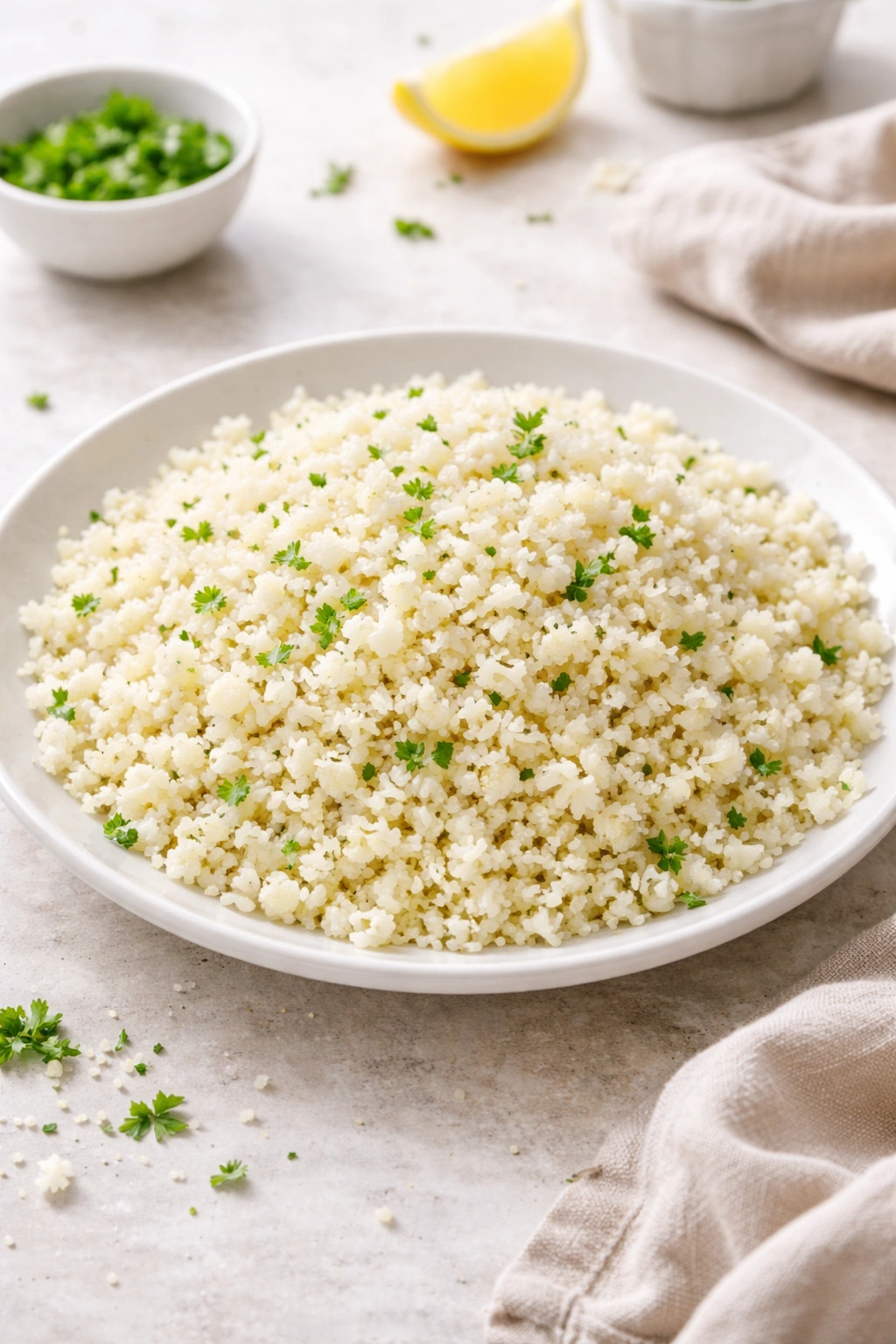 Fluffy cauliflower rice mound on a plate