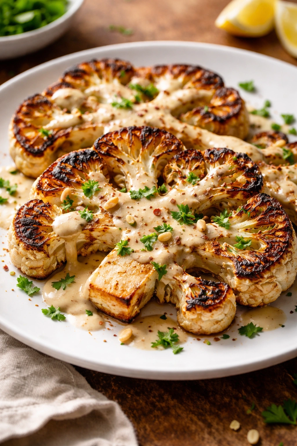 Close-up of charred cauliflower steaks with tahini dressing on a plate