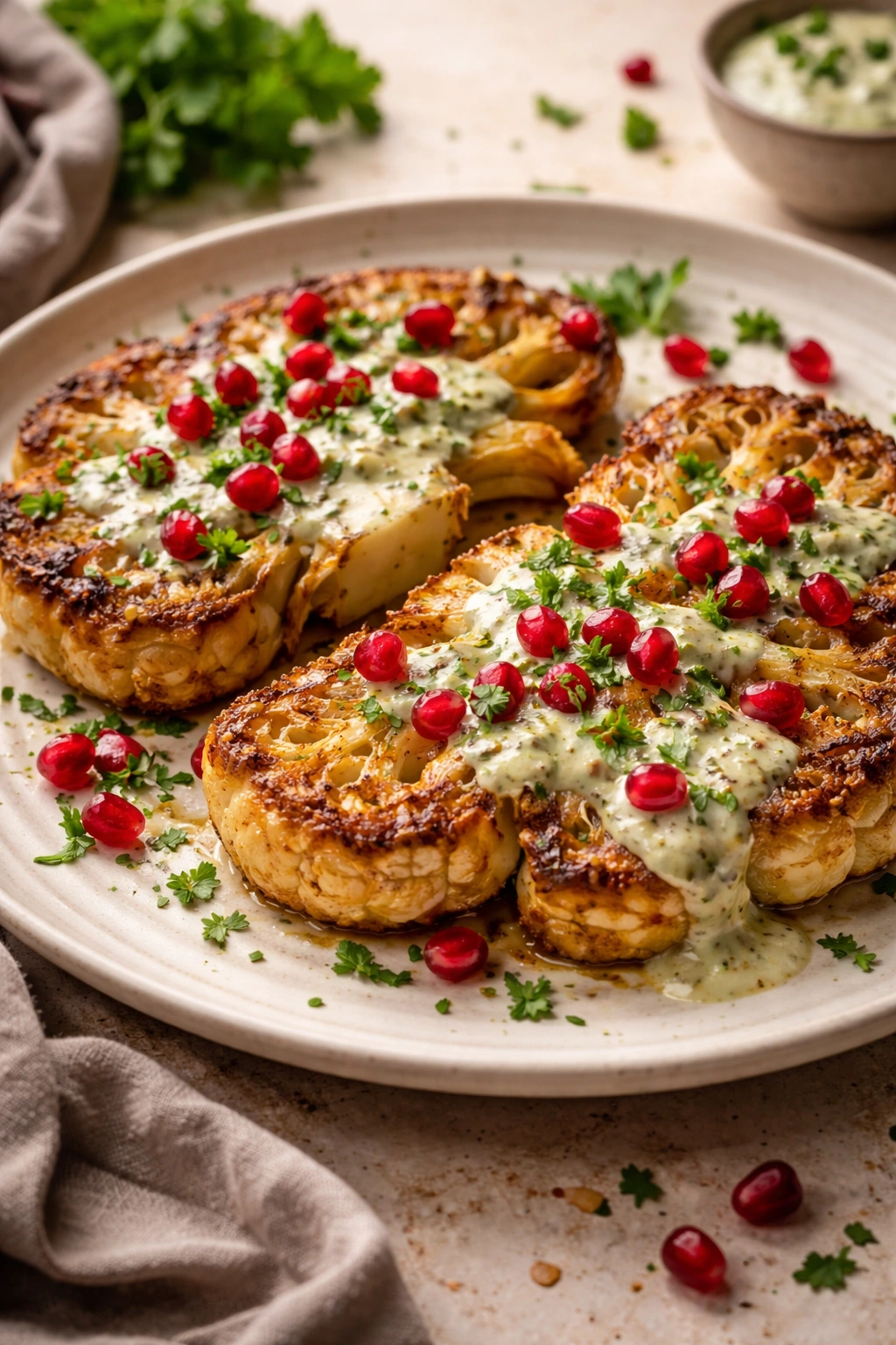 Cauliflower steaks with tahini-herb sauce and pomegranate seeds on plate