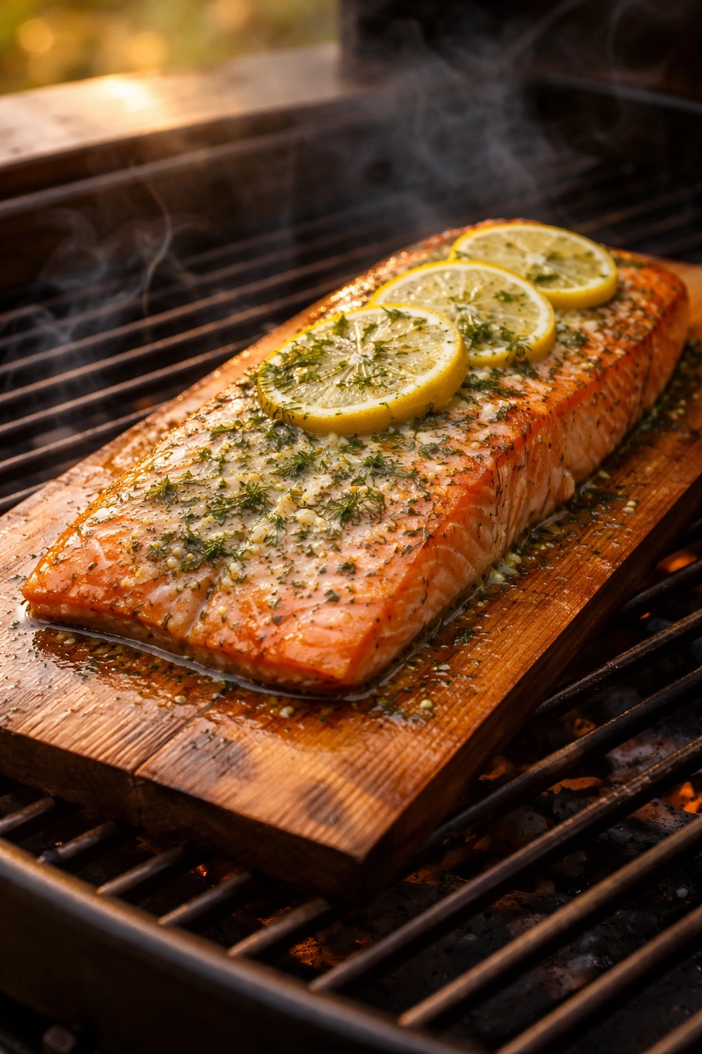 Salmon on cedar plank with a light butter glaze on a grill