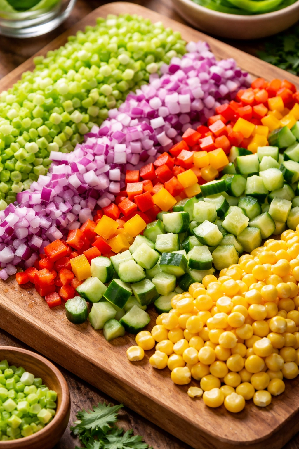 Chopped celery, red onion, peppers, cucumber, and corn on a wooden board.