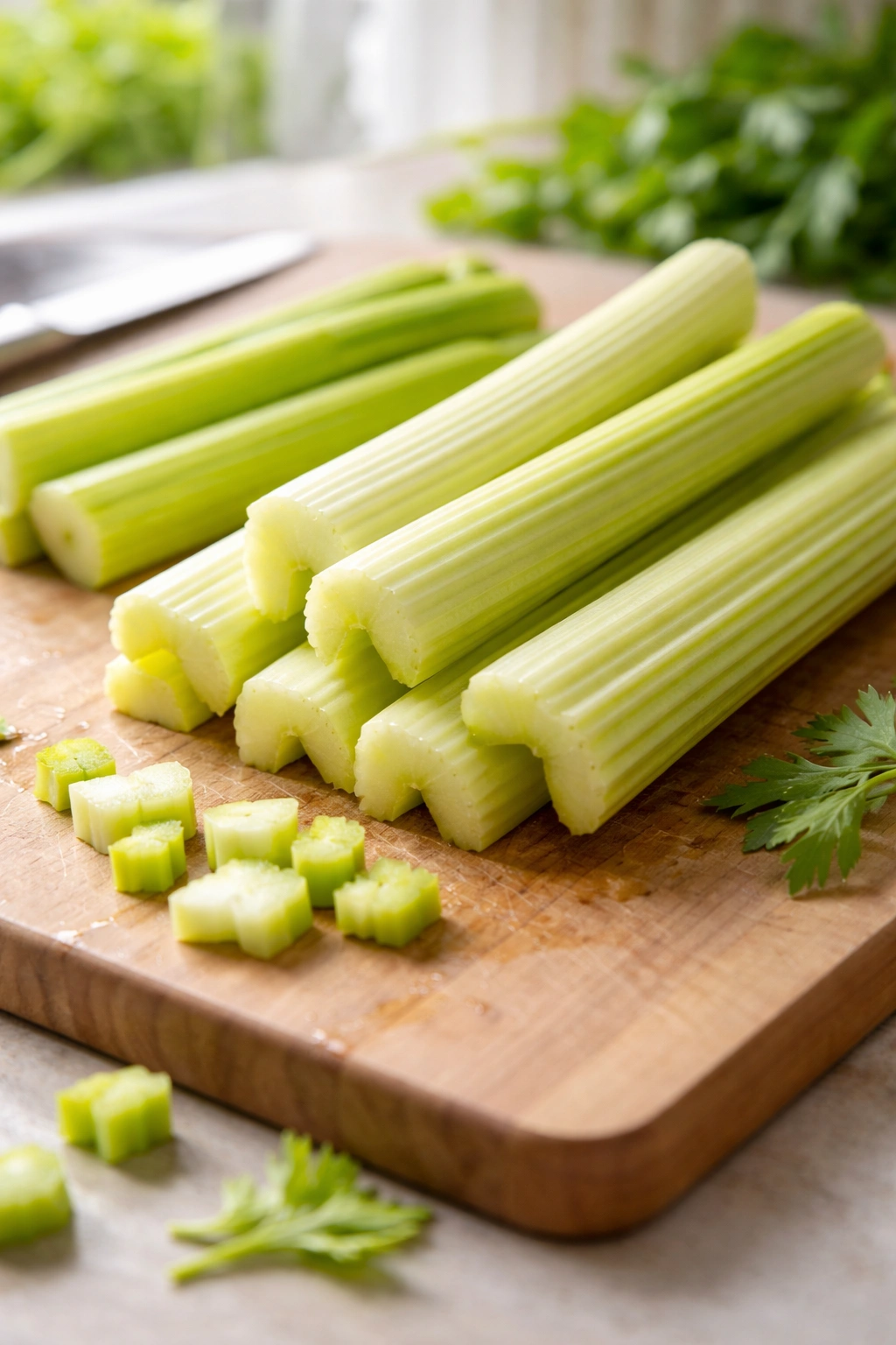 Close-up of pale celery stalks with no leaves on a cutting board