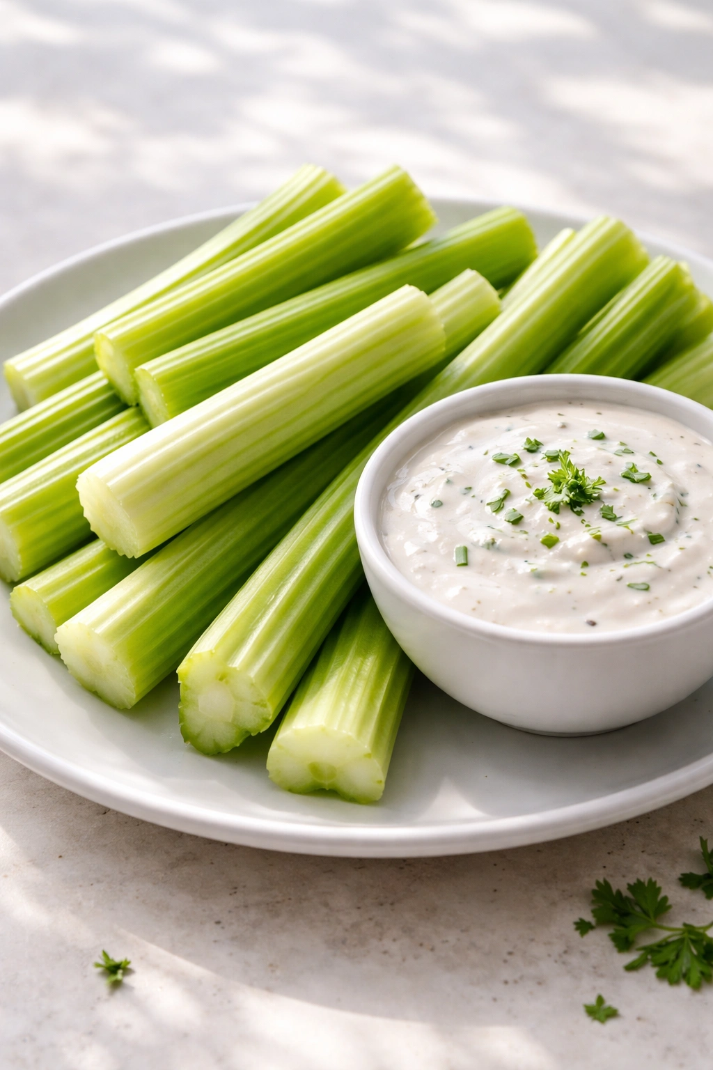 Celery sticks with ranch dip on a neutral surface