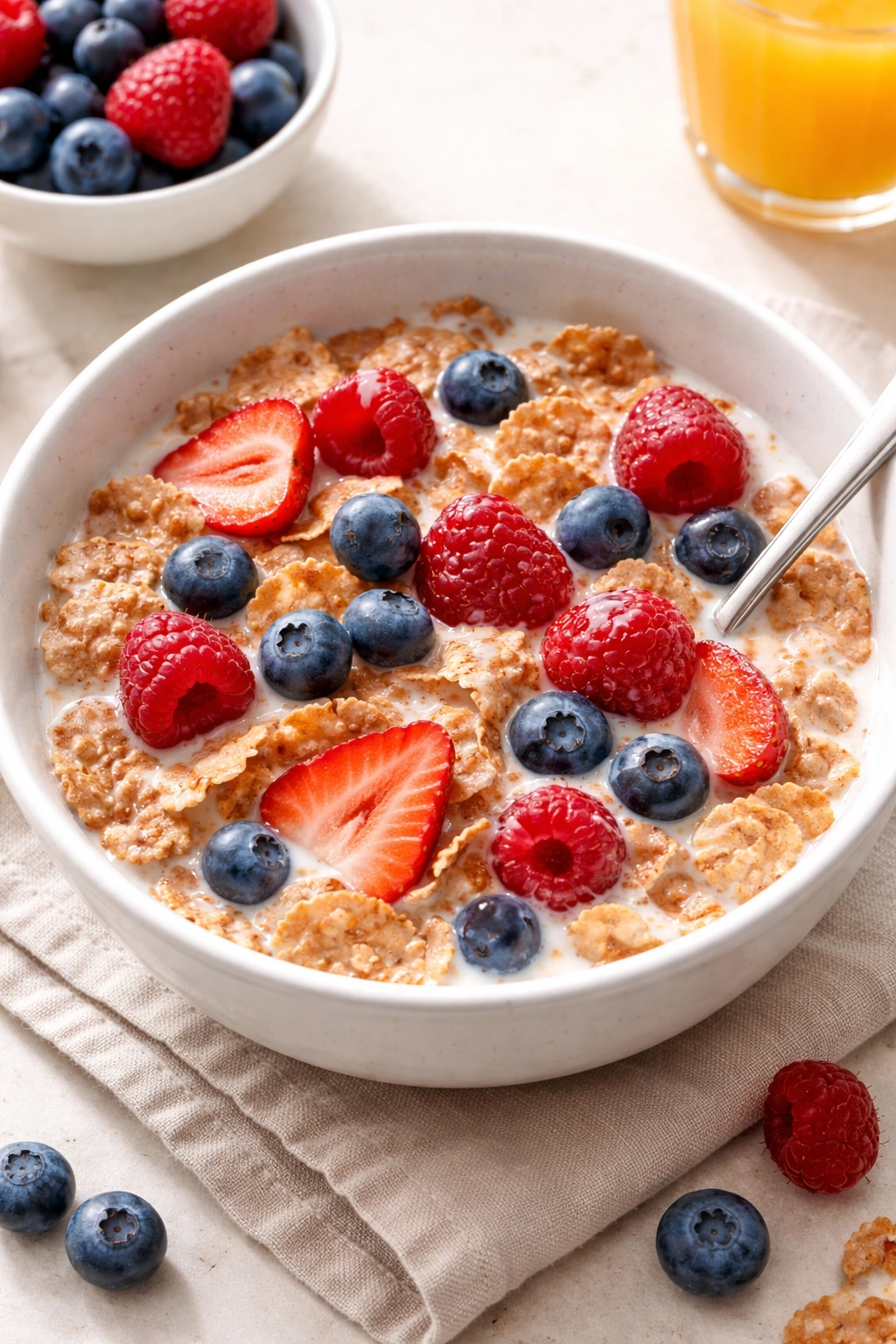 Close-up of a bowl of high-fiber cereal with milk and berries for breakfast