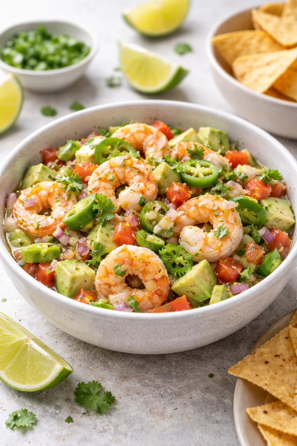 Ceviche with folded avocado served in a chilled bowl