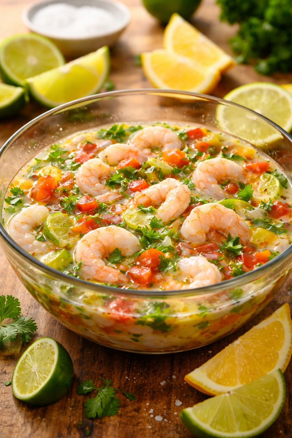 Shrimp marinating in citrus cure with citrus slices nearby