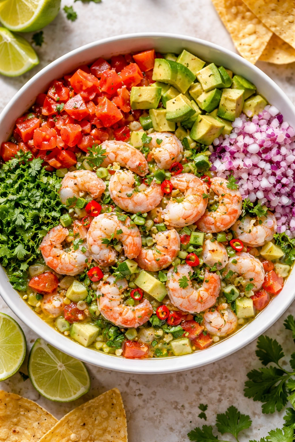 Ceviche with layered colors of shrimp, onion, cilantro, tomato, and avocado