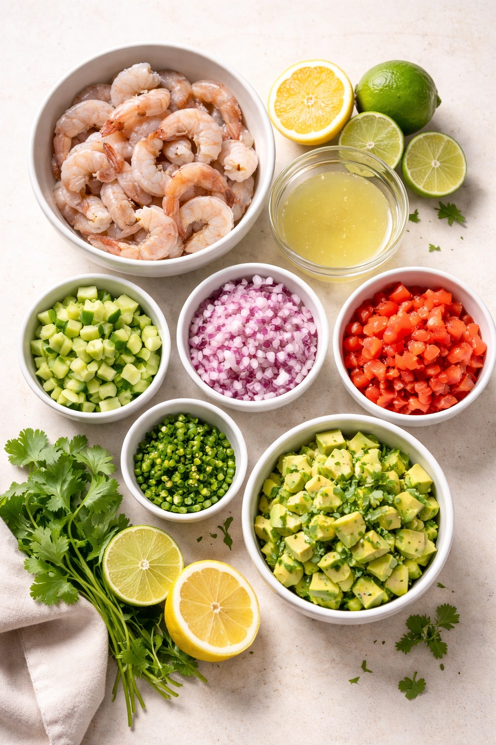 Ingredients laid out in bowls for shrimp ceviche recipe