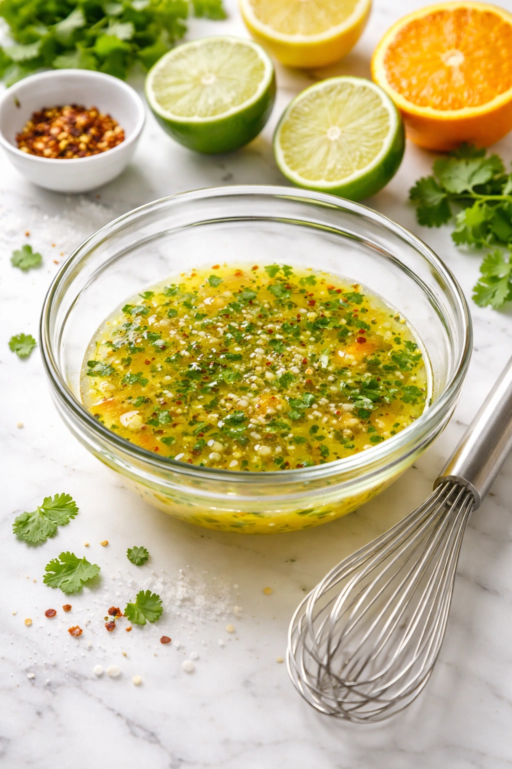 Whisk and glass bowl with mixed citrus juice for ceviche marinade