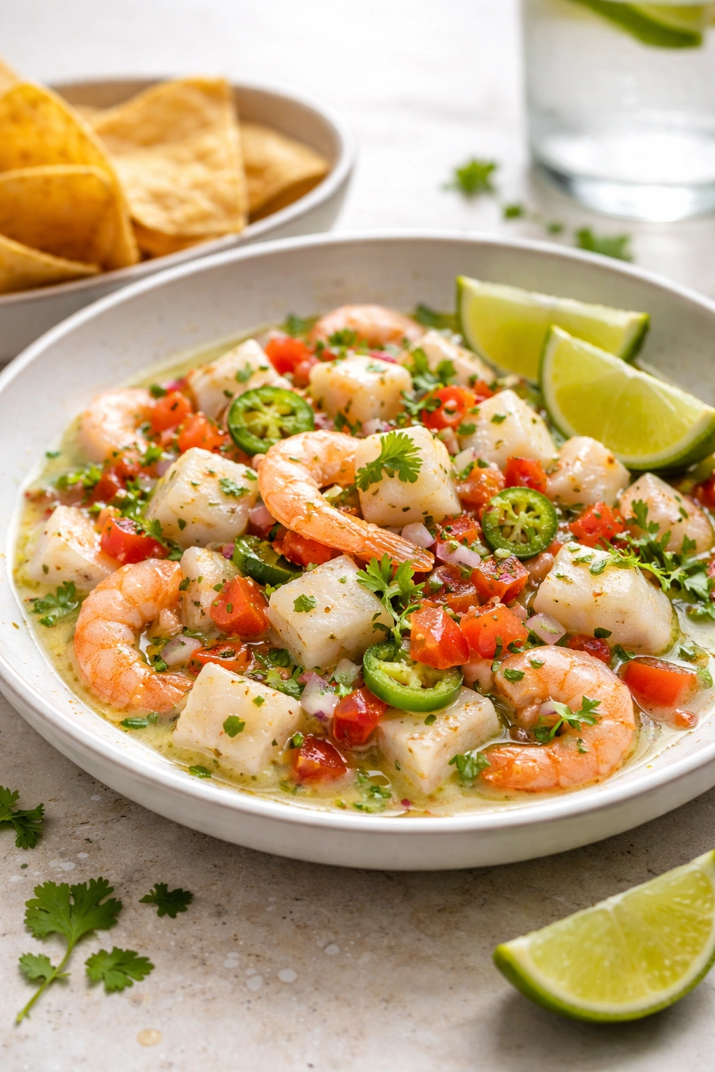 Ceviche in a white plate with citrus marinade and seafood pieces.