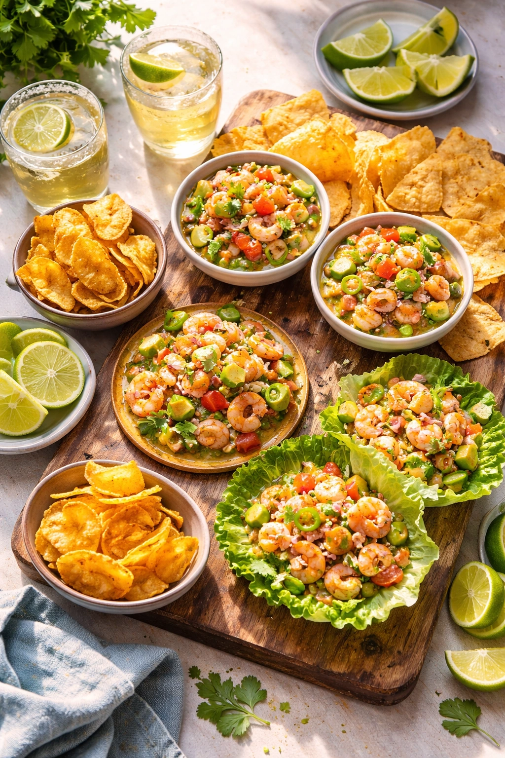 Shrimp ceviche served in bowls with chips, tostadas, lettuce cups, plantain chips and lime wedges