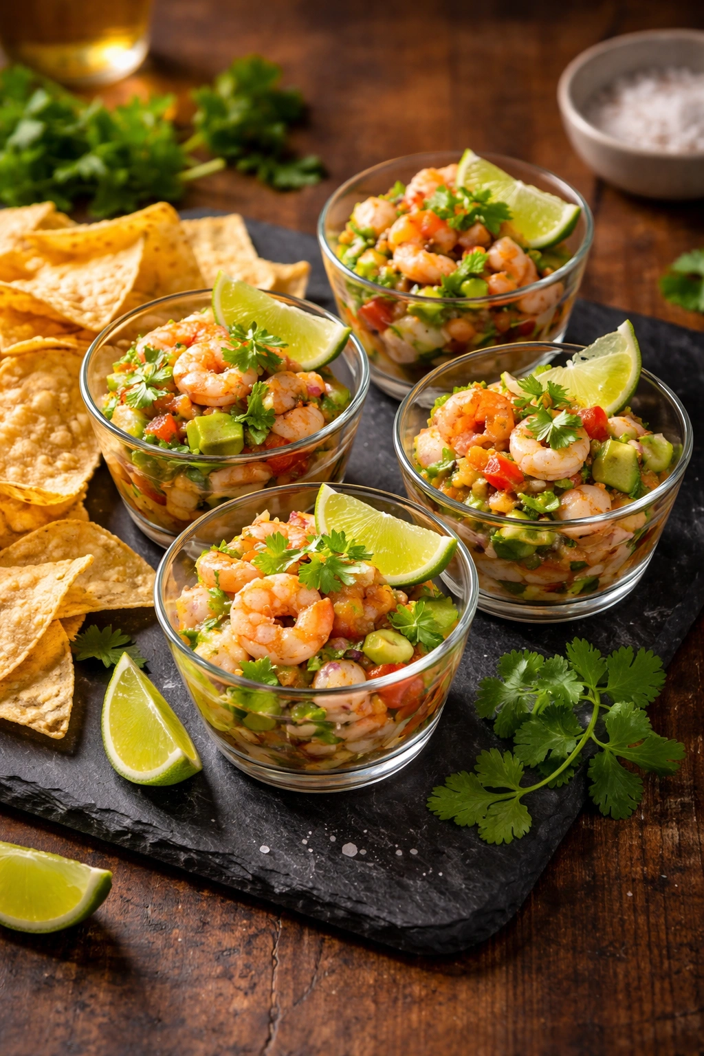 Elegant ceviche presentation with glass bowls, chips, and cilantro on slate