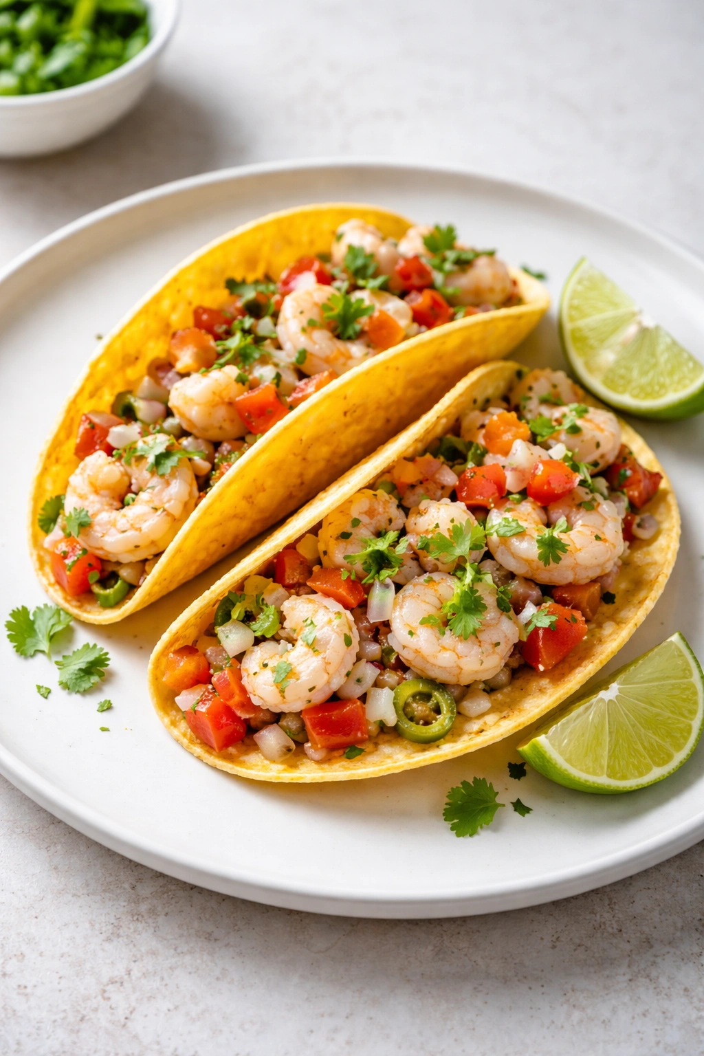Crispy-shell shrimp ceviche tacos on white plate