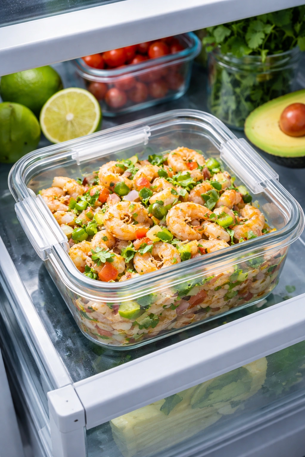 Airtight storage container with ceviche in fridge