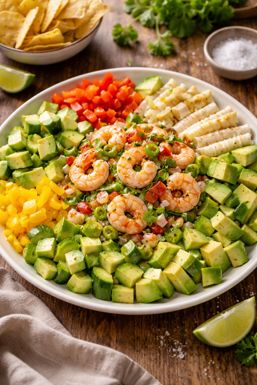 Ceviche texture showcase with shrimp, avocado, cucumber and peppers arranged to highlight texture