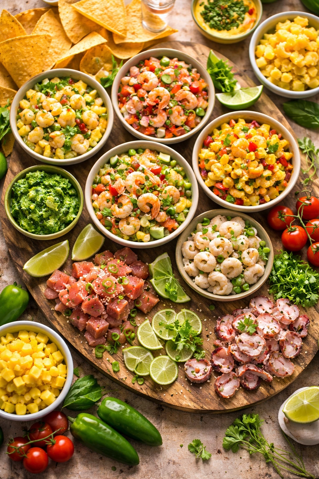 Assorted ceviche variation bowls showing fruity and herb variations
