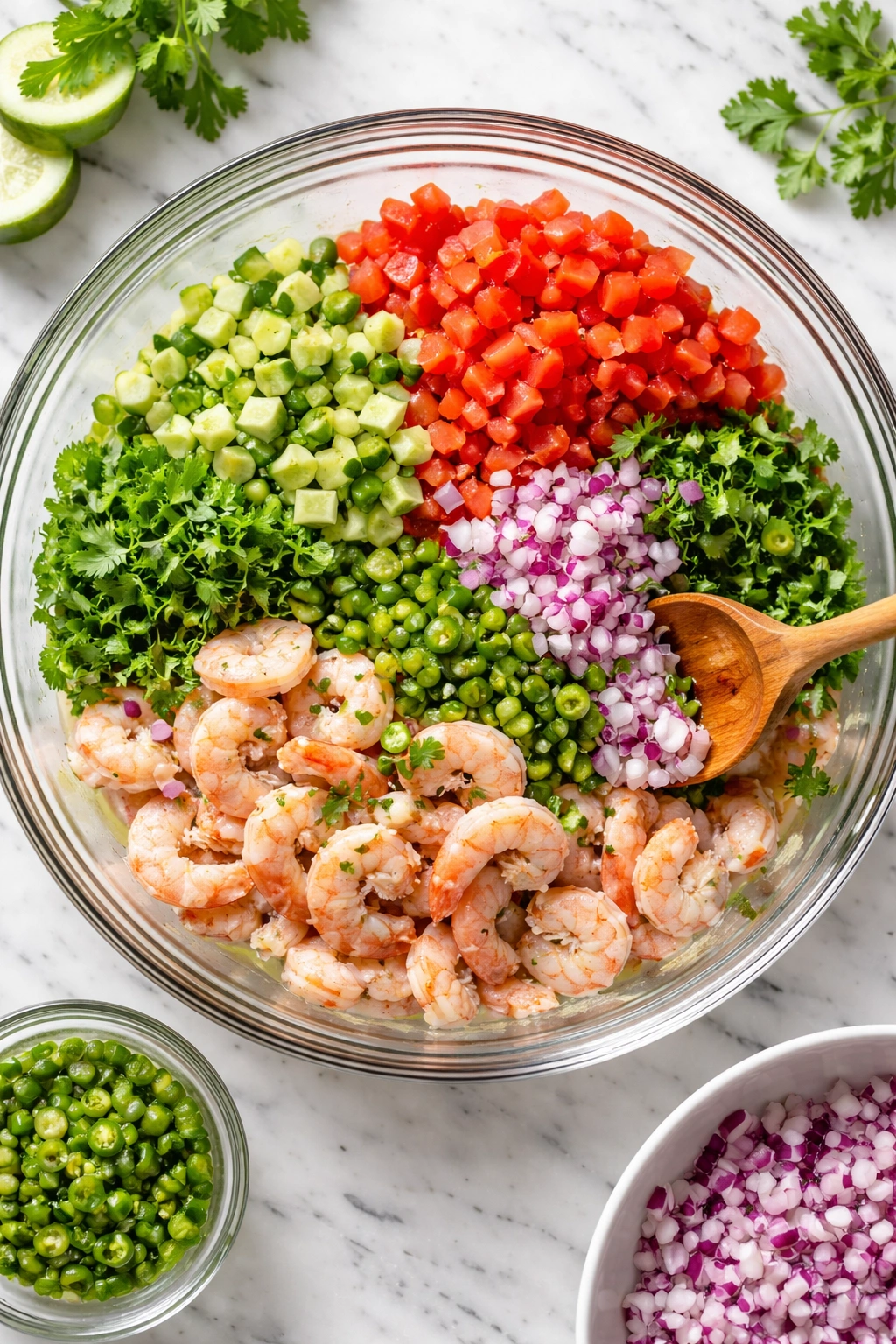 Colorful chopped vegetables for ceviche in a bowl
