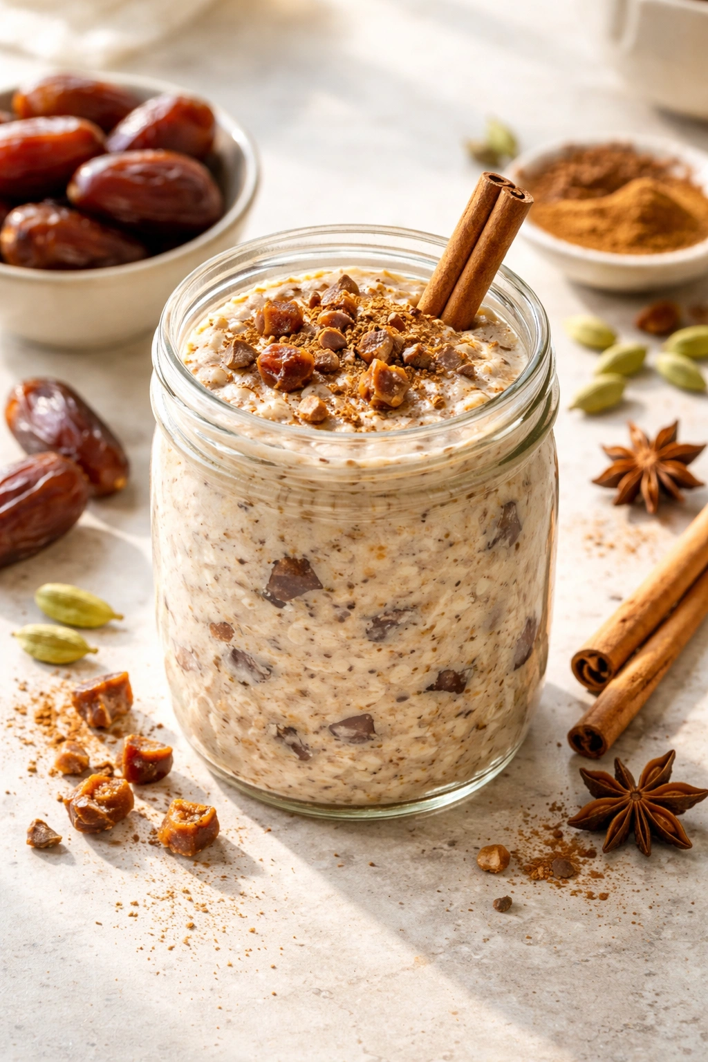 Overnight oats with dates and cardamom in a glass jar, warm spiced flavor
