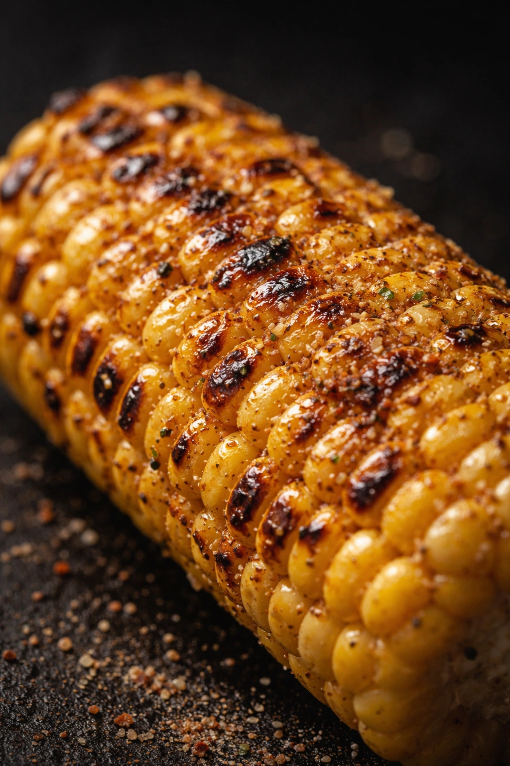 Close-up of corn kernels showing light char marks and seasoning dust