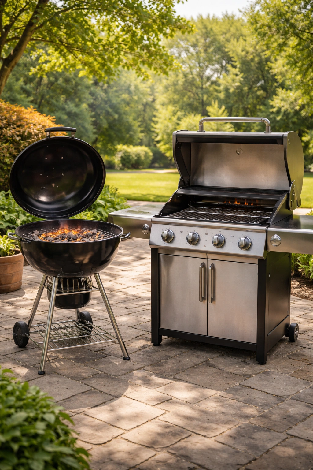 Two grills, charcoal and gas, shown side by side for comparison