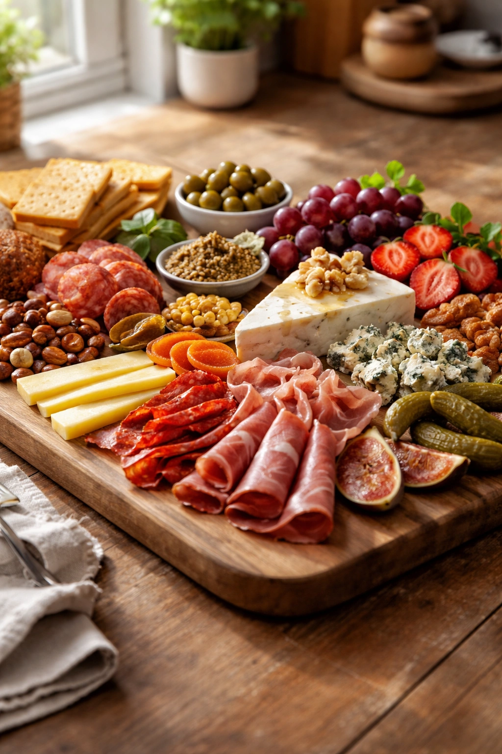 Balanced charcuterie board with meats, cheeses, and accompaniments on a wooden board