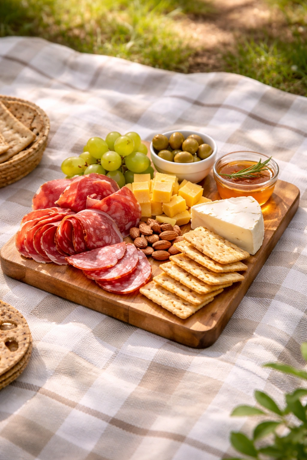 Charcuterie board with meats and cheeses on wooden board