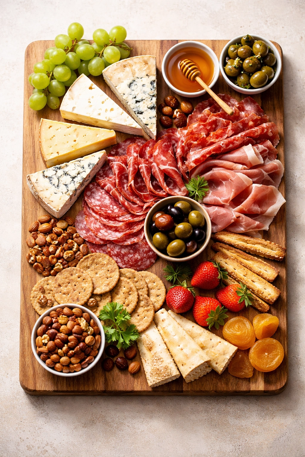 Cheese wedges, cured meats, and roasted nuts on a wooden board.
