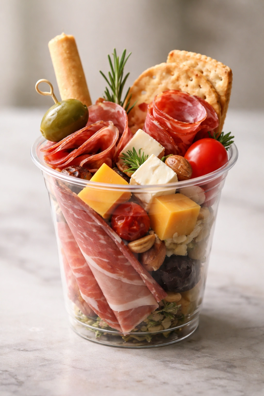 Close-up of a single charcuterie cup with layered meats, cheeses, and vegetables